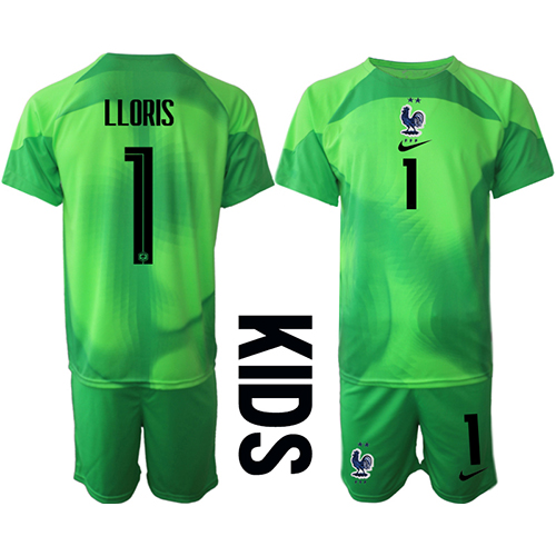 Camisa de Futebol França Hugo Lloris #1 Goleiro Equipamento Secundário Infantil Mundo 2022 Manga Curta (+ Calças curtas)